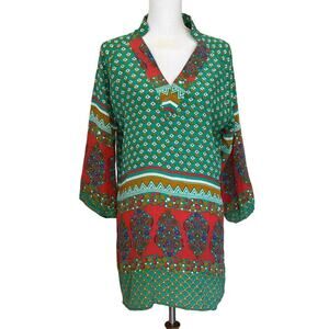 Tolani printed silk tunic/dress,‎ small, green/rust, artsy, bohemian, eclectic